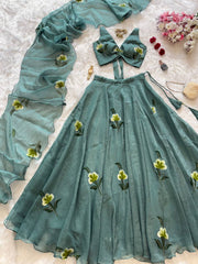 Captivating Green Color Handprint Work Lehenga Choli