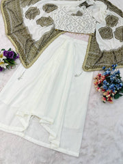 Pretty White Color Embroidery With Mirror Work Dhoti Suit