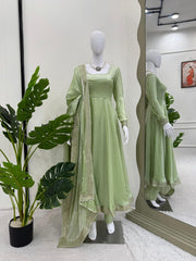 Lovely Pista Color Thread Work Designer Gown