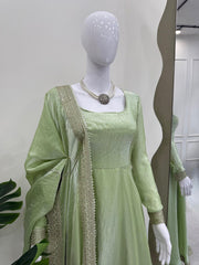 Lovely Pista Color Thread Work Designer Gown