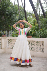 Pretty White Color Multi Thread Work Gown