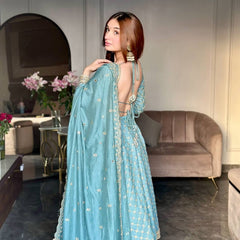 Gorgeous Sky Blue Georgette Embroidery Work Gown