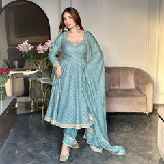 Gorgeous Sky Blue Georgette Embroidery Work Gown