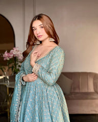 Gorgeous Sky Blue Georgette Embroidery Work Gown