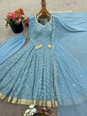 Gorgeous Sky Blue Georgette Embroidery Work Gown