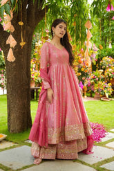 Beautiful Pink Color Silk Sequence Work Gown With Sharara