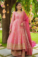 Beautiful Pink Color Silk Sequence Work Gown With Sharara