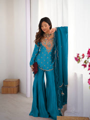 Ravishing Sky Blue Silk Embroidery Work Sharara Suit