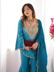 Ravishing Sky Blue Silk Embroidery Work Sharara Suit