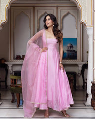 Beautiful Pink Color Georgette Embroidery Work Gown