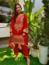 Pretty Red Georgette Sequence Work Palazzo Suit