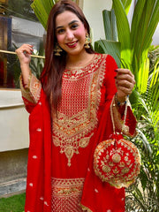 Pretty Red Georgette Sequence Work Palazzo Suit