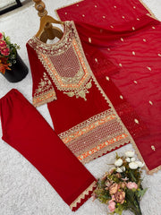 Pretty Red Georgette Sequence Work Palazzo Suit