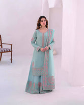 Pretty Sky Blue Silk Embroidered Palazzo Suit