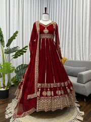 Ravishing Red Color Georgette Thread Work Anarkali Gown