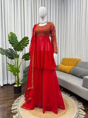 Ravishing Red Color Georgette Sequence Work Sharara Suit