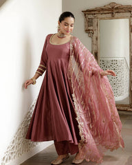 Lovely Pink Color Simmer Silk Work Gown