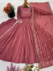 Lovely Pink Color Simmer Silk Work Gown