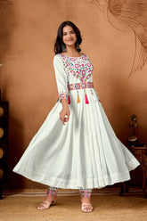 Trendy White Silk Embroidery Work Anarkali Suit