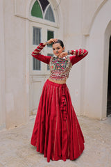 Amazing Maroon Roman Kutchi Gamthi Embroidered Lehenga Choli