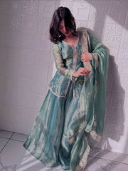 Alluring Green Color Silk With Sequins Work Sharara Suit