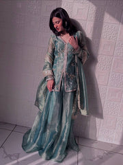 Alluring Green Color Silk With Sequins Work Sharara Suit