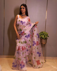 Designer Lavender Color Sequence Work Organza Saree