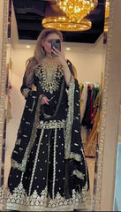 Glorious Black Color Embroidery Work Top With Lehenga