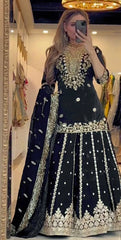 Glorious Black Color Embroidery Work Top With Lehenga