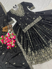 Glorious Black Color Embroidery Work Top With Lehenga
