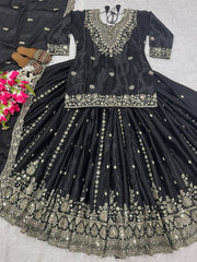 Glorious Black Color Embroidery Work Top With Lehenga
