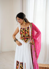 Navratri Wear White Color Gamthi Work Lehenga Choli