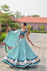 Navratri Wear Sky Blue Gamthi Work Lehenga Choli
