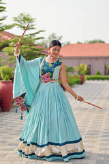 Navratri Wear Sky Blue Gamthi Work Lehenga Choli