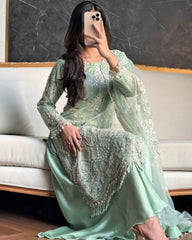 Trendy Beige Color Embroidery Work Palazzo Suit