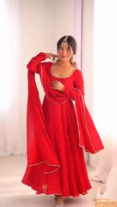 Lovely Red Color Georgette Designer Gown