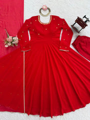 Lovely Red Color Georgette Designer Gown