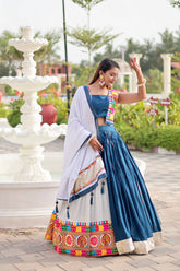 Navratri Collection Teal Blue Cotton Gamthi Work Lehenga Choli