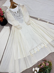 Amazing White Color Mirror Work Gown