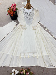Amazing White Color Mirror Work Gown