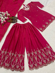 Trendy Pink Color Embroidery Work Palazzo Suit
