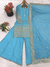 Awesome Sky Blue Color Embroidery Work Sharara Suit