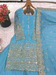 Awesome Sky Blue Color Embroidery Work Sharara Suit