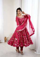 Ravishing Red Color Embroidery Work Georgette Gown
