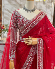 Attractive Red Color Sequence Work Silk Saree