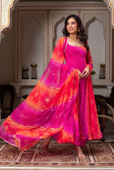 Ravishing Pink Color Digital Printed Georgette Anarkali Suit