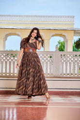 Alluring Brown Color Bandhni Gamthi Work Gown