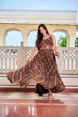 Alluring Brown Color Bandhni Gamthi Work Gown