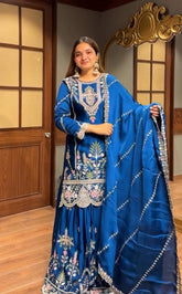 Trendy Blue Color Embroidery Thread Work Sharara Suit