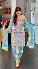 Fancy Sky Blue Color Embroidery Work Palazzo Suit